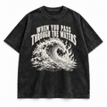 When You Pass Through the Waters tee, washed black, wave and flame graphic with Isaiah 43:2