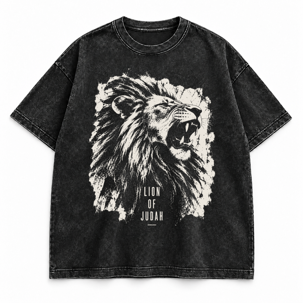 Lion of Judah tee, washed black, roaring lion graphic