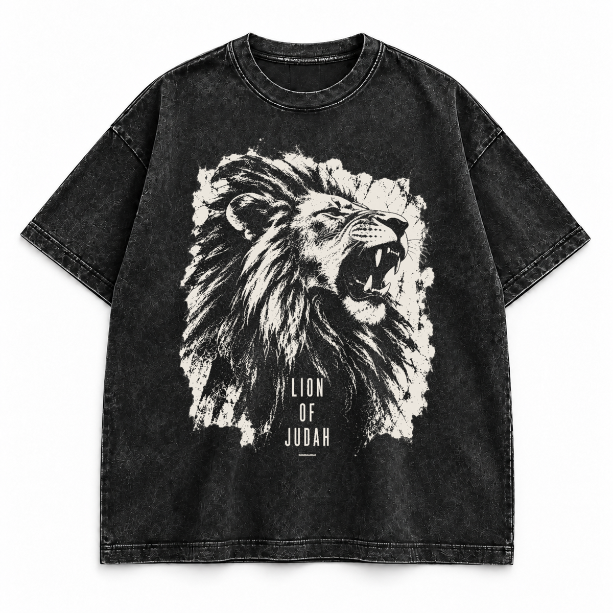 Lion of Judah tee, washed black, roaring lion graphic