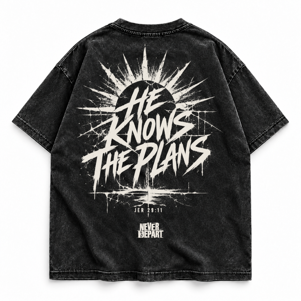 He Knows the Plans tee back print, washed black, cracked sunburst with Jer 29:11