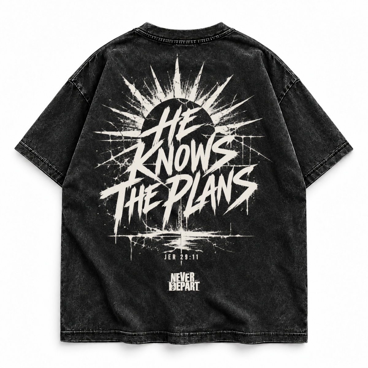 He Knows the Plans tee back print, washed black, cracked sunburst with Jer 29:11