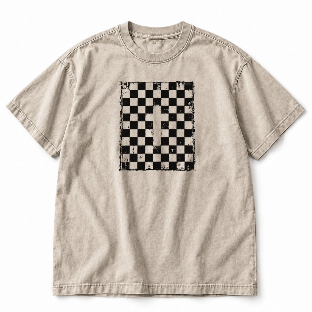 Checkered Cross tee, faded bone, distressed checkerboard with hidden cross