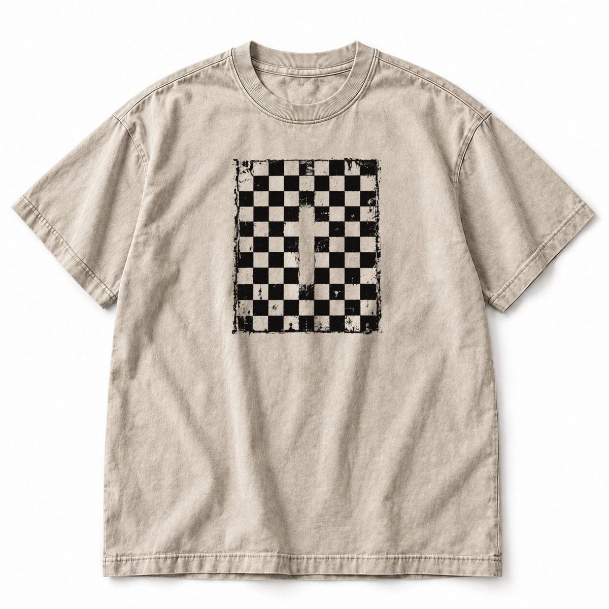 Checkered Cross tee, faded bone, distressed checkerboard with hidden cross