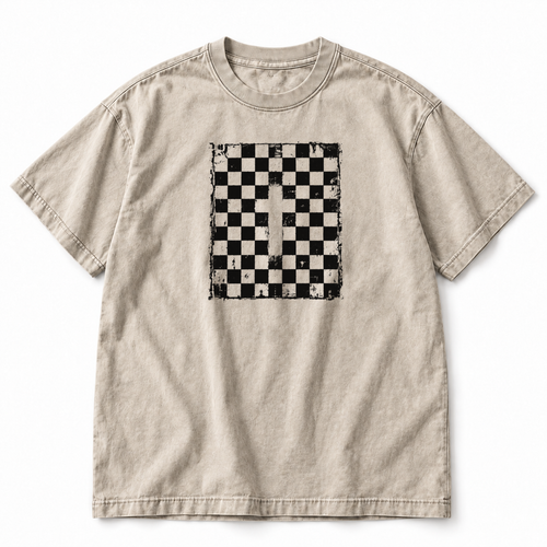 Checkered Cross tee, faded bone, distressed checkerboard with hidden cross