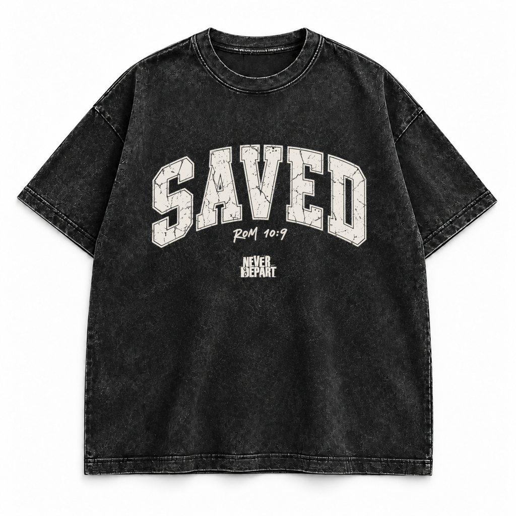 Saved tee, washed black, cracked varsity SAVED lettering with Rom 10:9