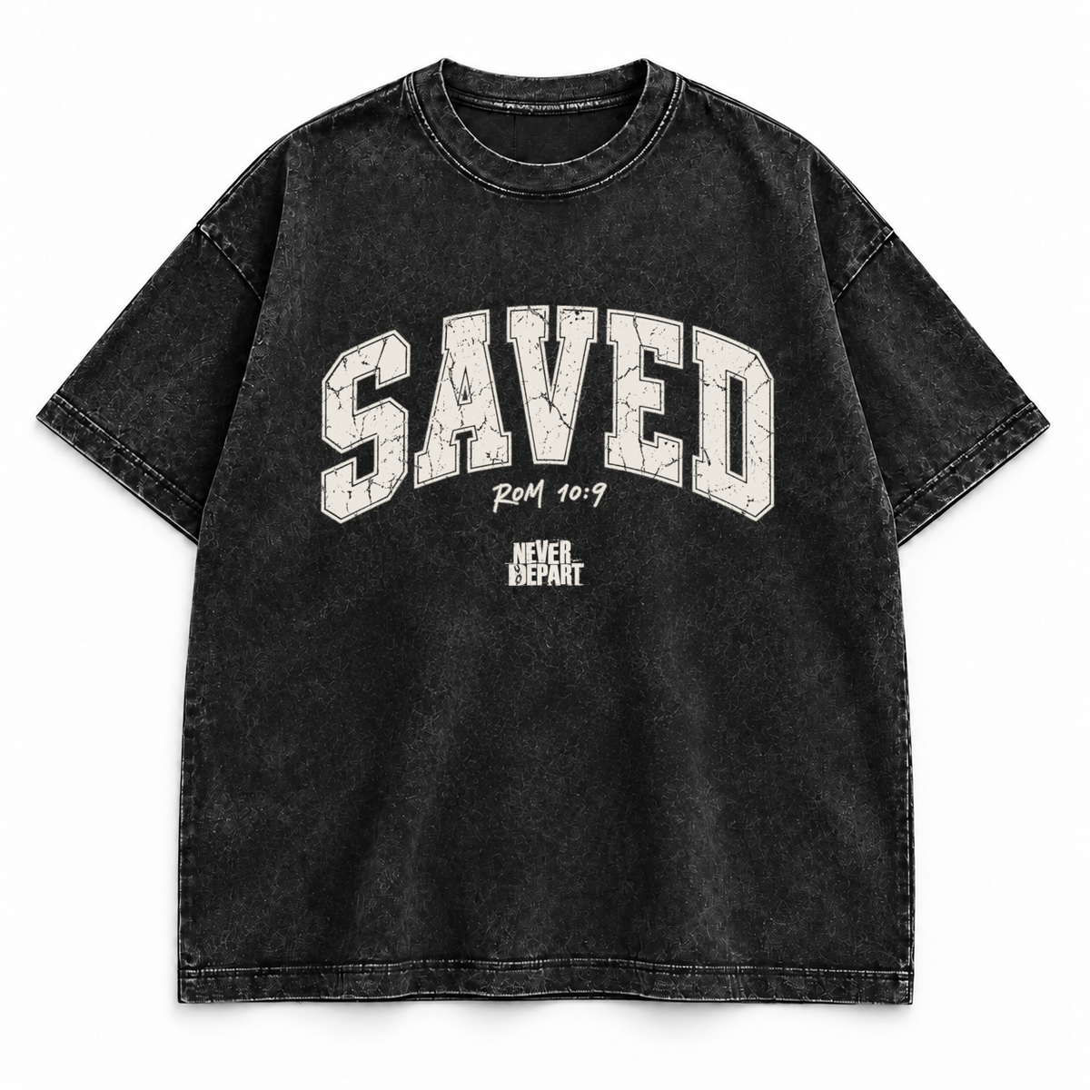 Saved tee, washed black, cracked varsity SAVED lettering with Rom 10:9