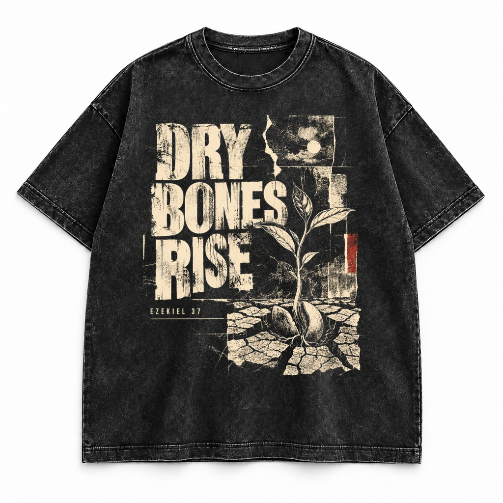Dry Bones Rise tee, washed black, sprout breaking through cracked ground, Ezekiel 37