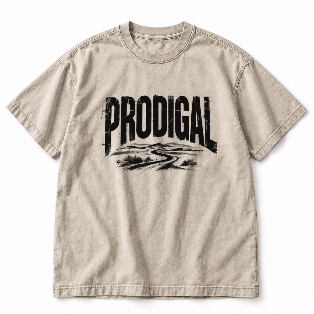 Prodigal tee, faded bone, distressed PRODIGAL lettering over a winding road