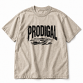 Prodigal tee, faded bone, distressed PRODIGAL lettering over a winding road