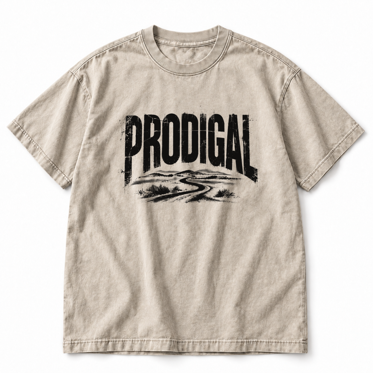 Prodigal tee, faded bone, distressed PRODIGAL lettering over a winding road
