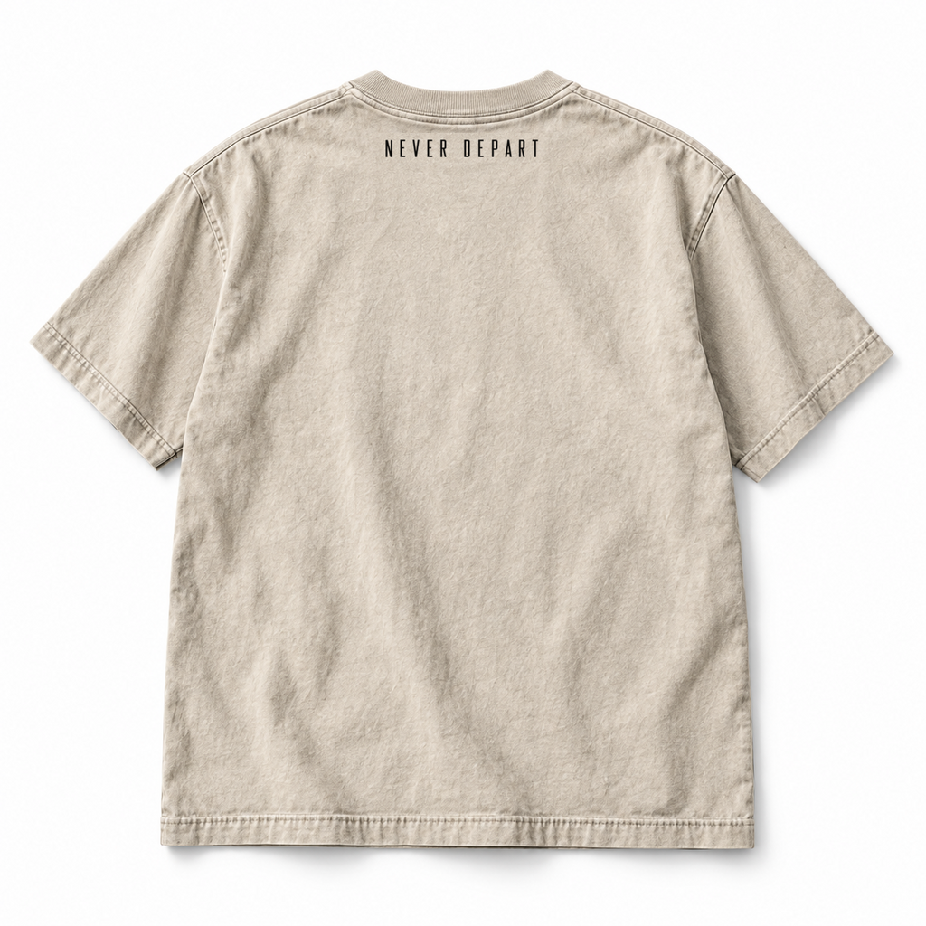 Crown of Thorns tee back, NEVER DEPART printed below the collar