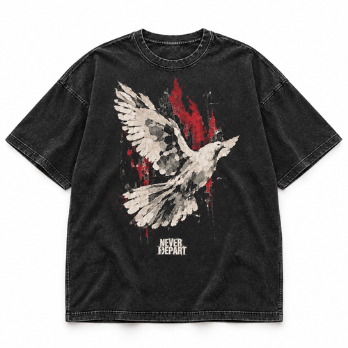 Dove Spirit tee, washed black, torn paper dove over a muted red flame
