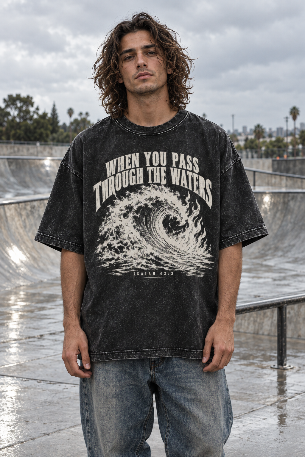 Guy at a skatepark wearing the When You Pass Through the Waters tee