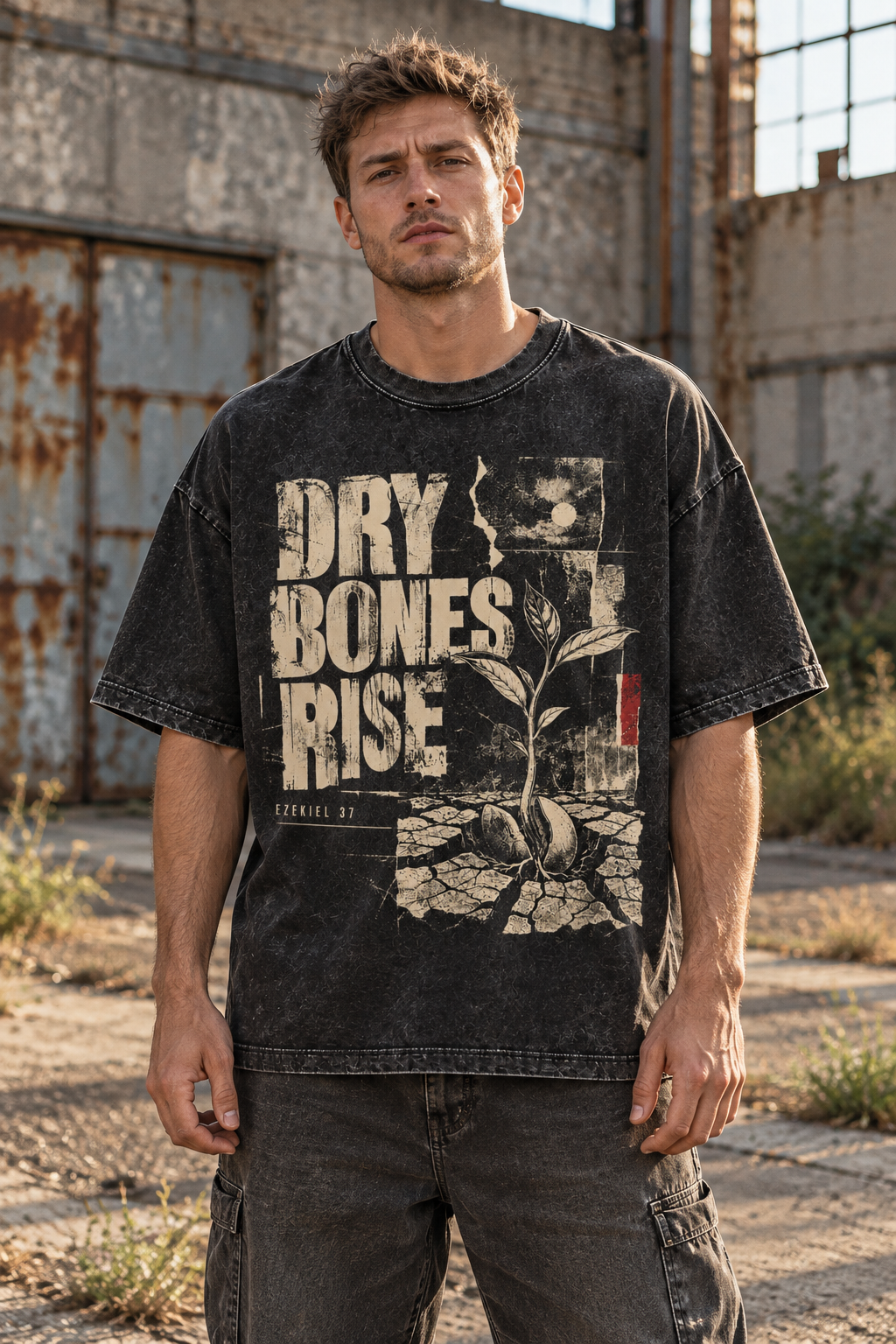 Man outside an old warehouse wearing the Dry Bones Rise tee