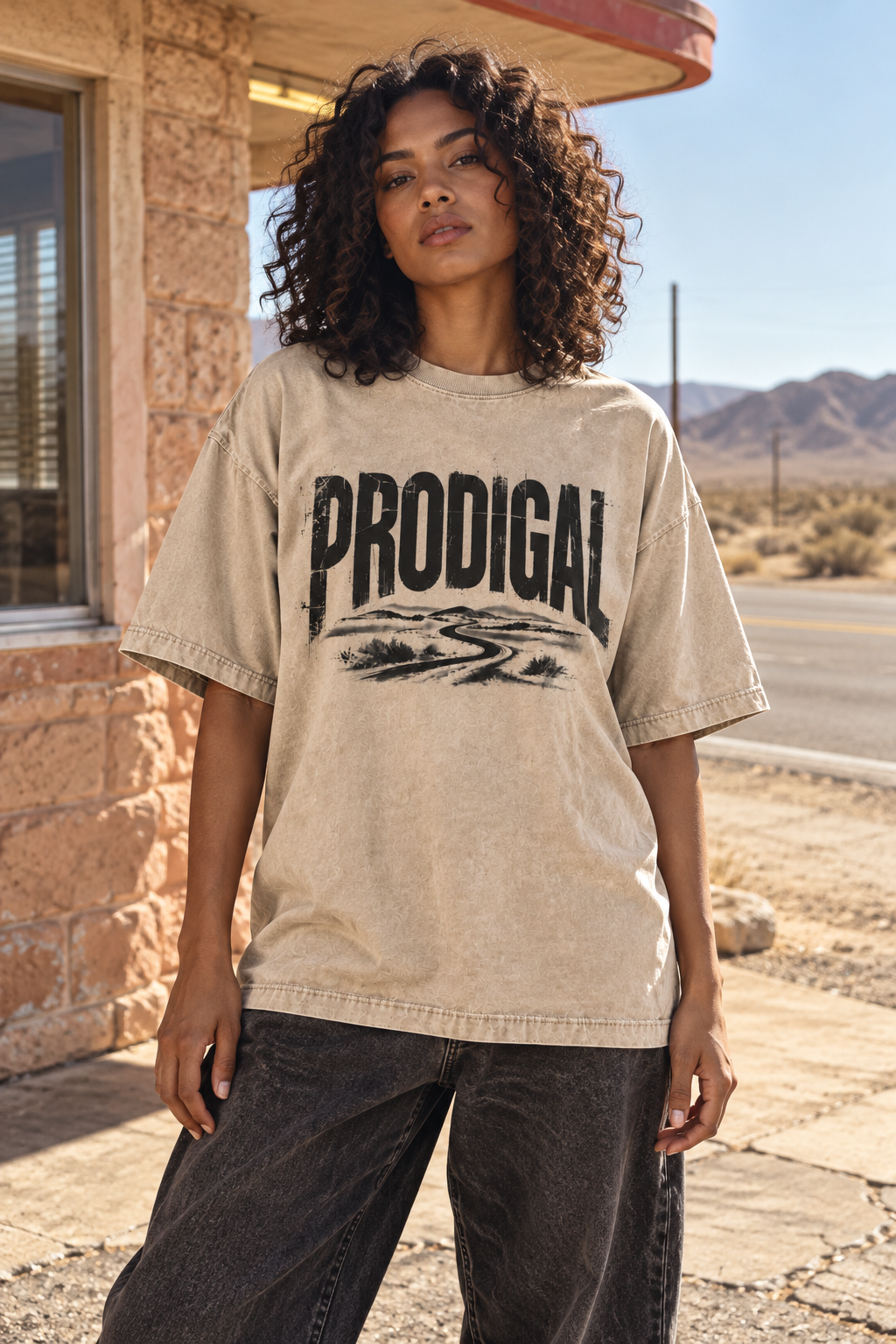 Woman at a desert roadside diner wearing the Prodigal tee