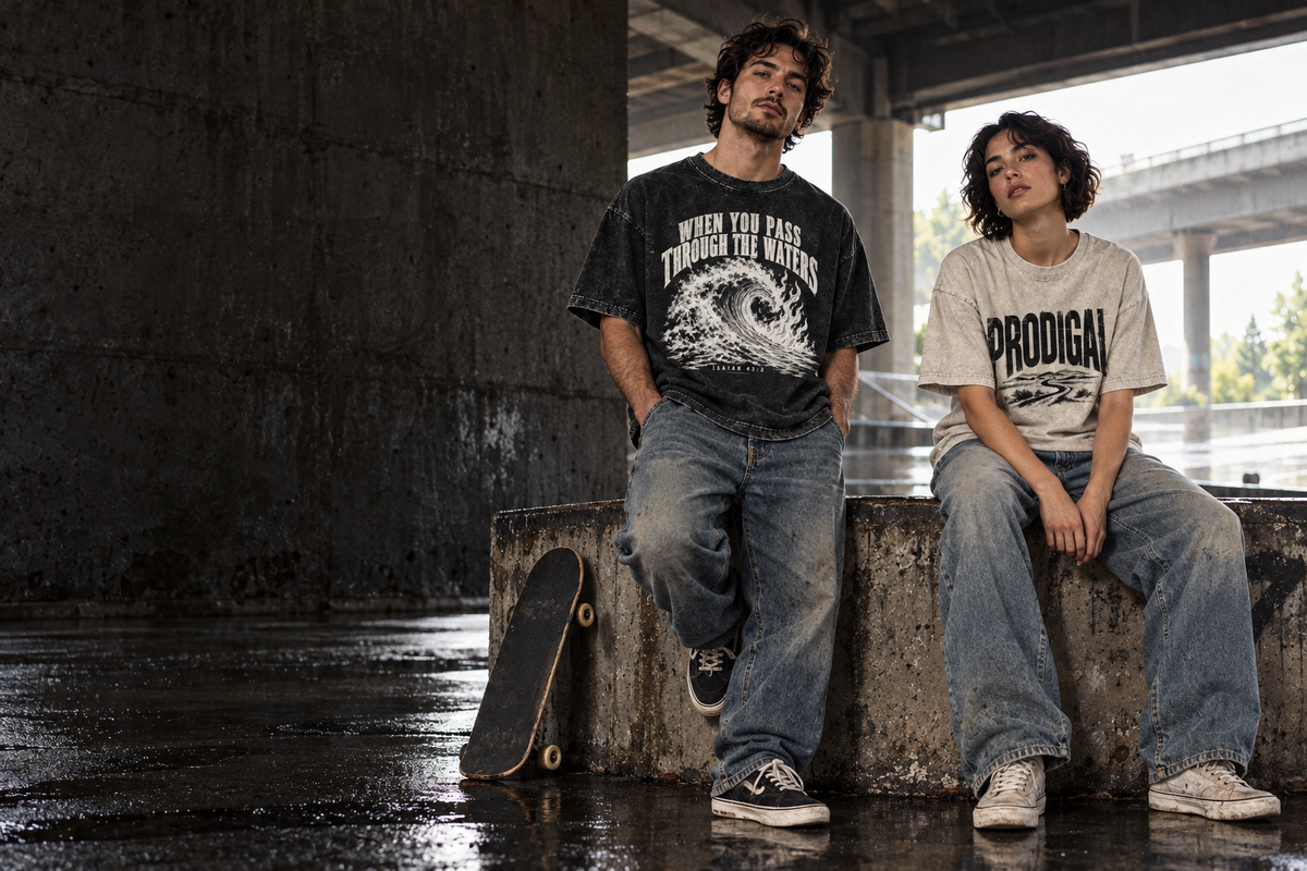 Two friends under a bridge wearing the Prodigal and Through the Waters tees