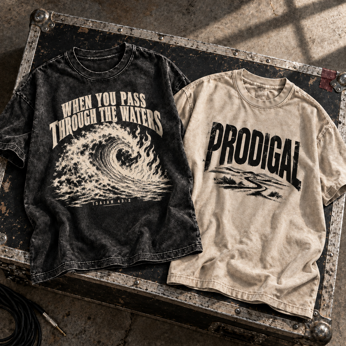 Prodigal and Through the Waters tees laid flat on a road case
