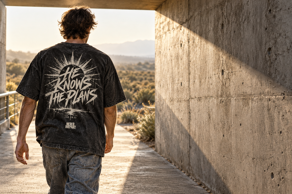 Man walking away wearing the He Knows the Plans tee, back print showing
