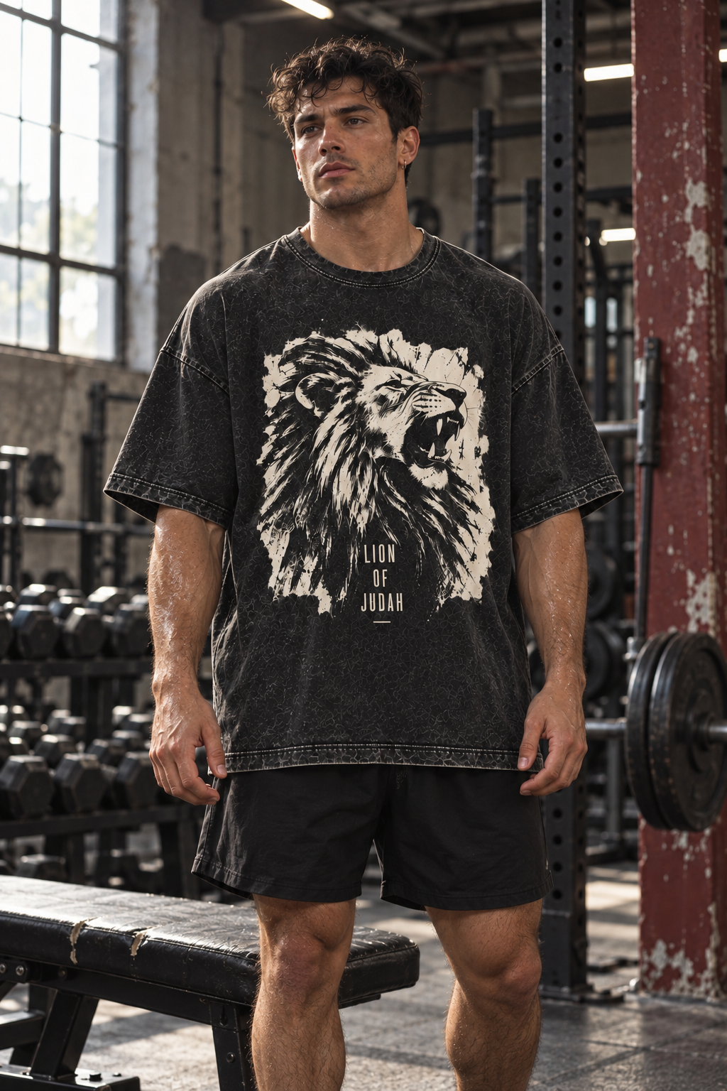 Man in a gym wearing the Lion of Judah tee