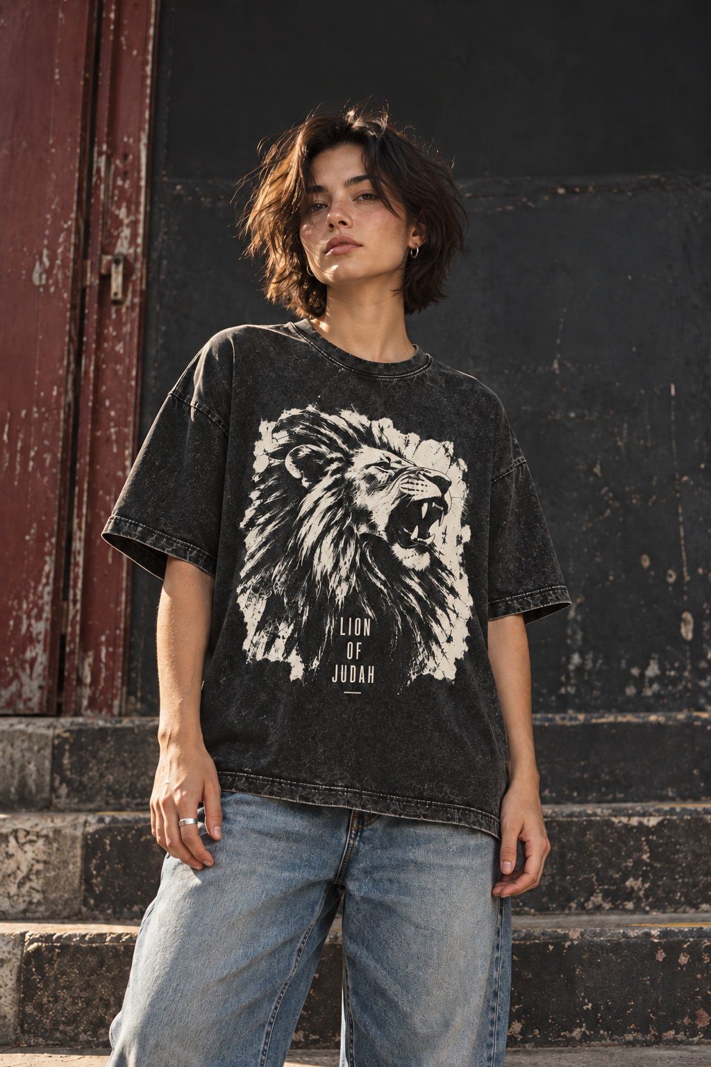Model wearing the Lion of Judah tee